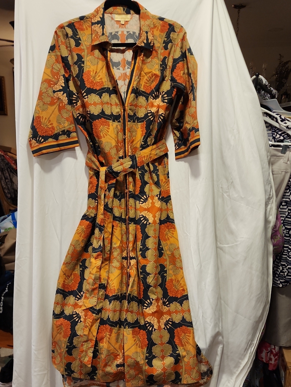 Isla Payal Fall Floral Button-Front Midi Dress with Self-Tie Belt - Orange